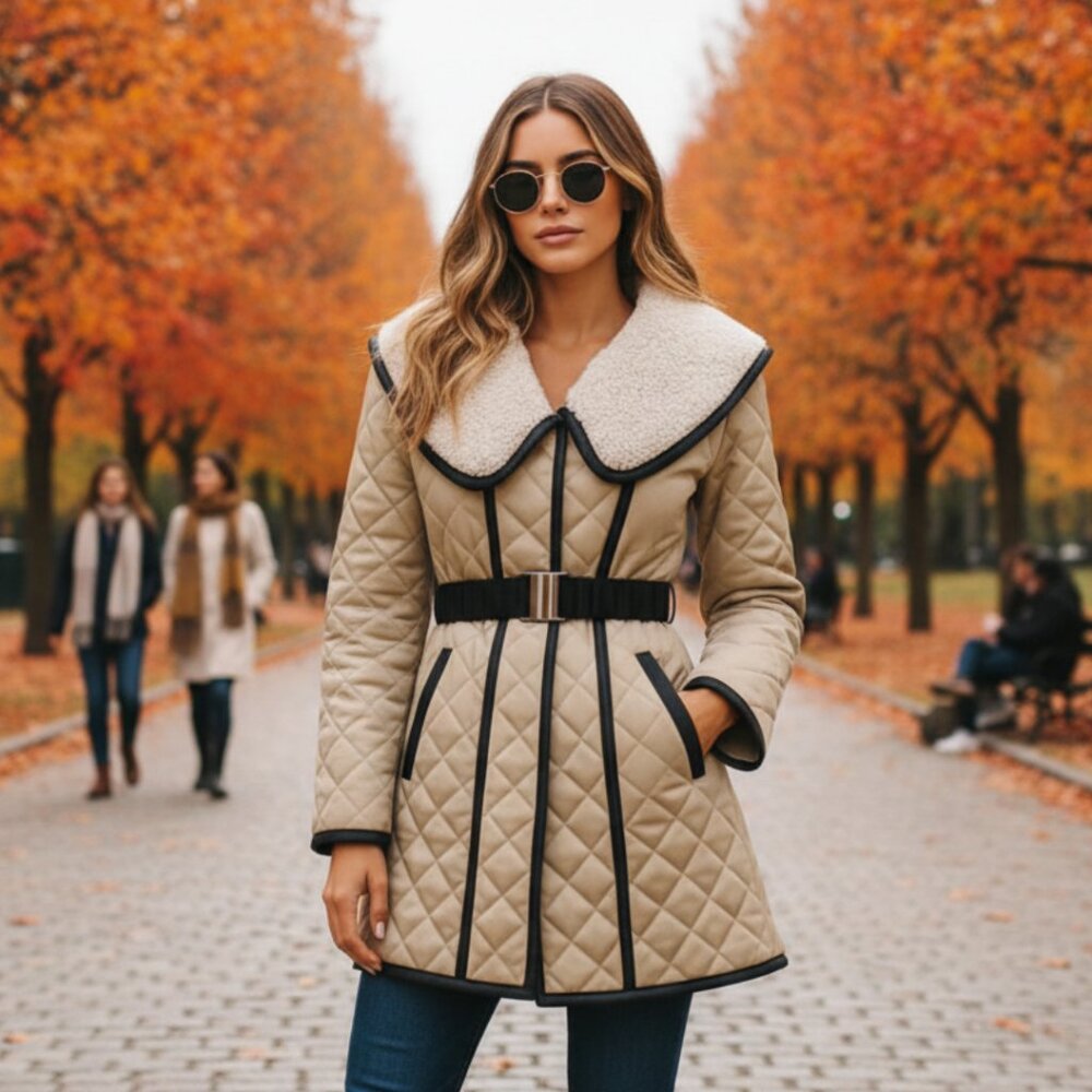 Ryu Quilted Trench Coat with Oversized Sherpa Collar, Belted, Size XS